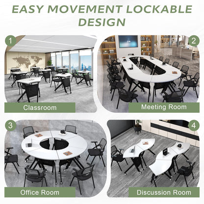 JFazzruit Folding Conference Table,Fan-Shaped Conference Room Tables with Wheels, Mobile Modular Seminar Meeting Desk for Classrooms,Office & Seminar (2, Fan-White)