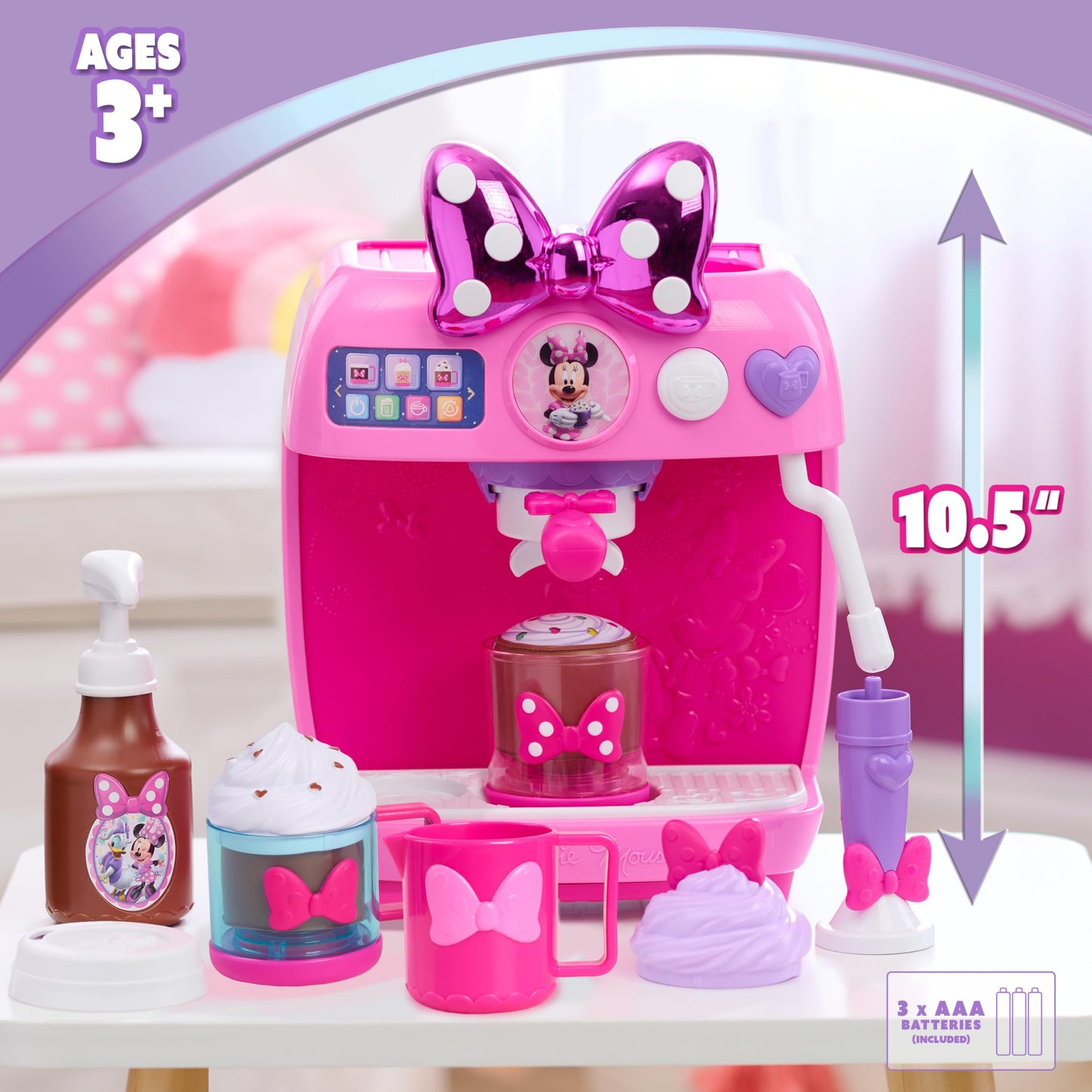 Disney Jr. Minnie Mouse Rise & Shine Bowrista Set, 10 Inch Play Espresso Machine, Ages 3 and Up