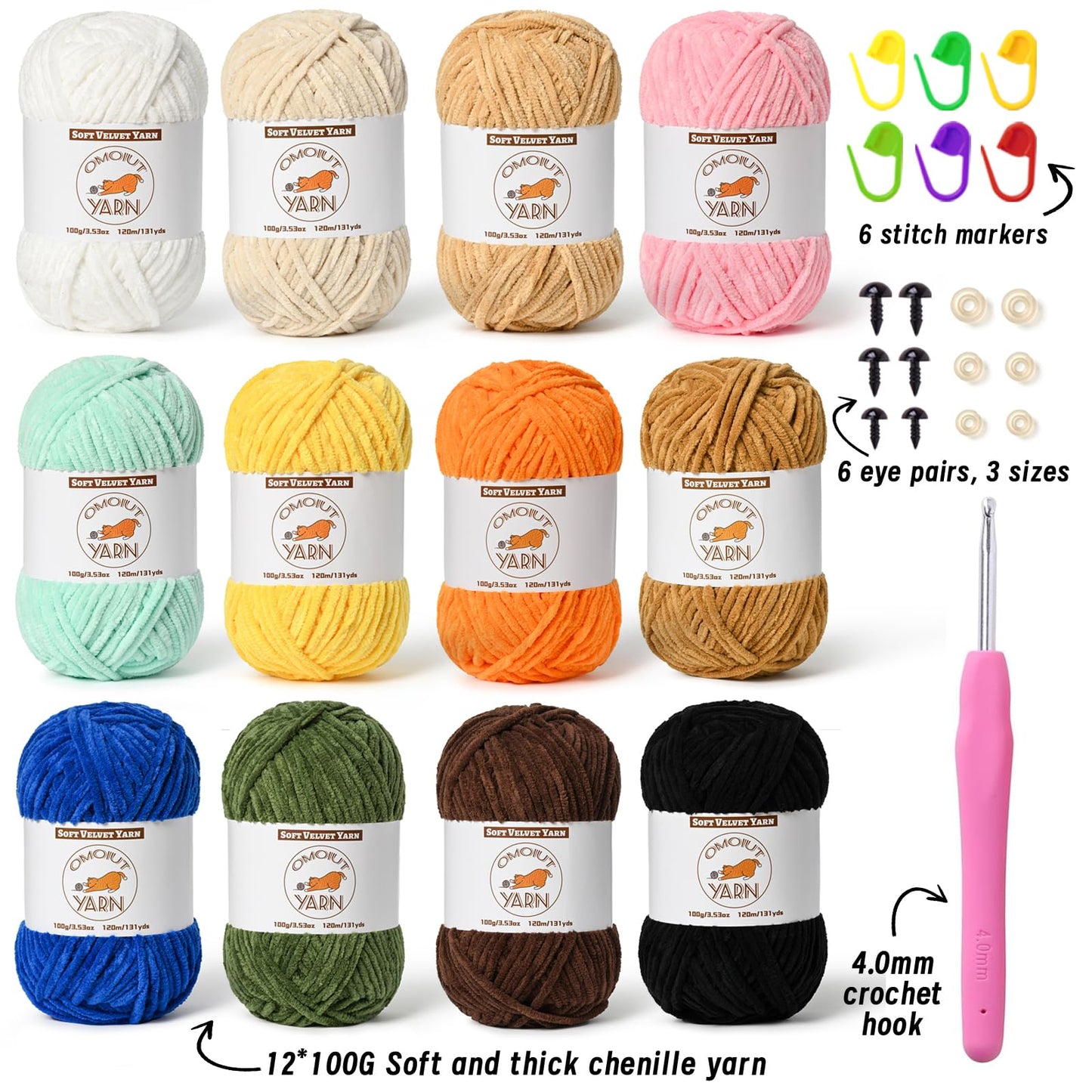 12 Skeins Fluffy Chenille Yarn for Crocheting, Soft Bulky Velvet Yarn for Knitting, Plush Baby Blanket Crochet Yarns, 1572 Yards Multicolor Amigurumi Yarn for Crafts Set F
