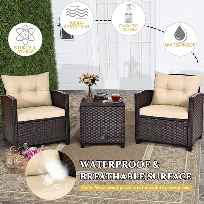 AUGESTER 3 PCS Patio Furniture Set, Outdoor PE Rattan Wicker Conversation Sofa Set w/Washable Cushion and Tempered Glass Tabletop, All Weather Chat Sofa for Garden Poolside Balcony Porch (Beige)