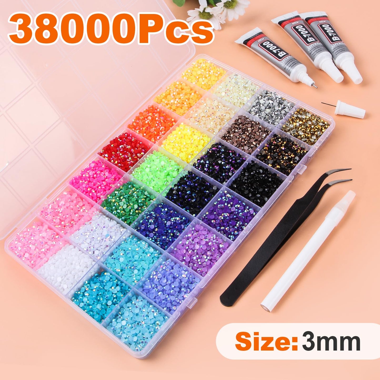 38000Pcs Resin Jelly Rhinestones for Bedazzling Kit, 28 Colors 3mm Flatback Gems for Diamond Art, Bedazzler Kit with 3Pcs 10ml B7000 Jewelry Glue for Crafting Crafts Book Shoes Nail Art