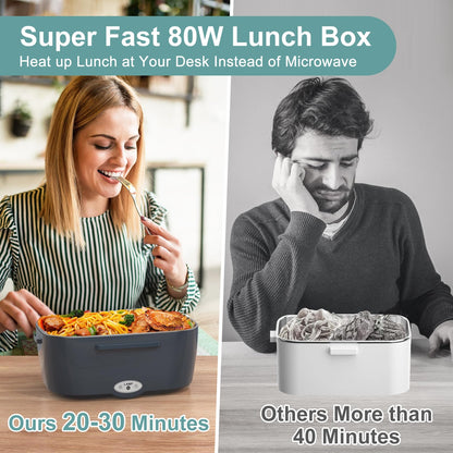 Electric Lunch Box Food Heater, 3 in 1 Ultra Quick Heated Lunch Boxes for Adults, 12V/24V/110V Portable Food Warmer for Car/Truck/Office With Fork Spoon and Insulated Carry Bag