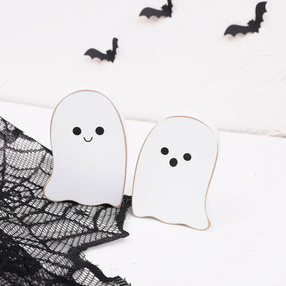 2 Pieces Halloween Decorations Wood Halloween Ghost Sign - Halloween Tiered Tray Decor, Distressed Wood Standing Ghost Sign for Halloween Party, Halloween Table Decor