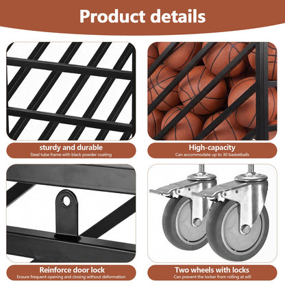 Ball Cart with Wheels Rolling Basketball Rack with Lockable Lid Balls Storage Locker for Volleyball Gym Recess Soccer Playground