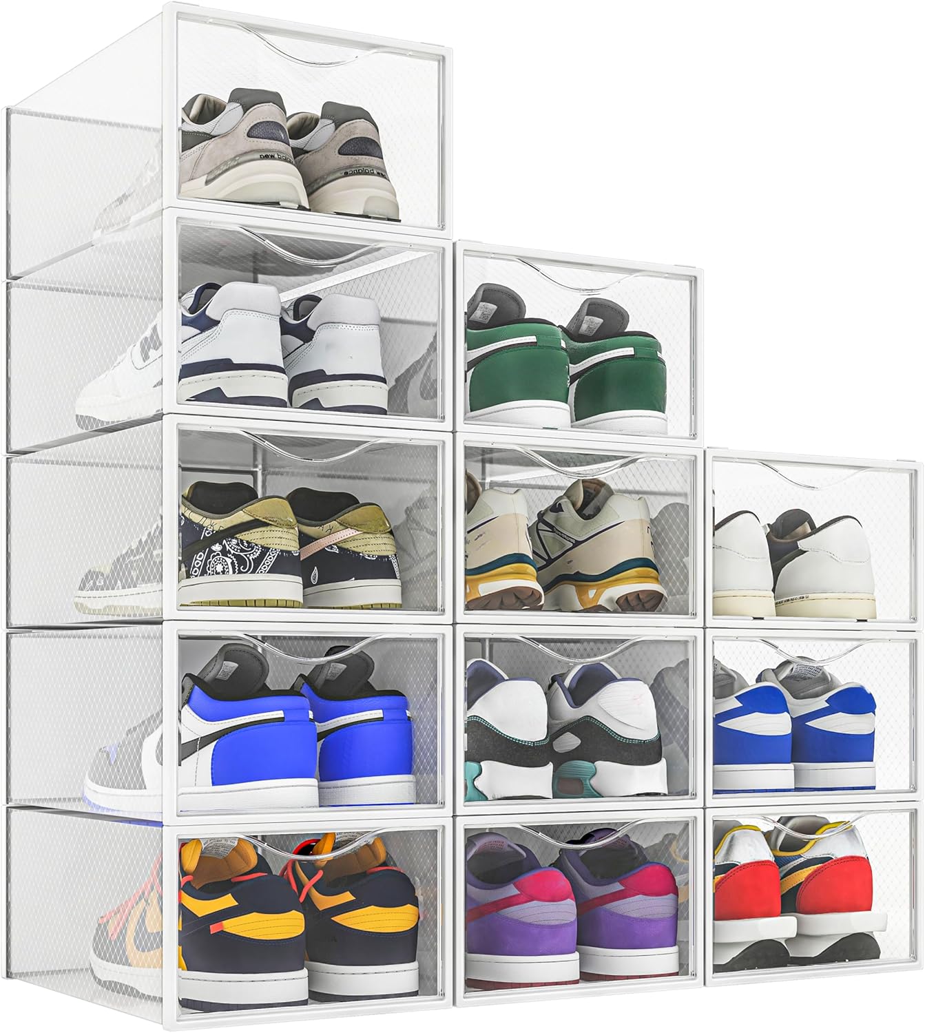 12 Pack Closet, Seseno Shoe Storage Bins, Clear Plastic Stackable Shoe Organizer for Space Saving Foldable Shoe Rack