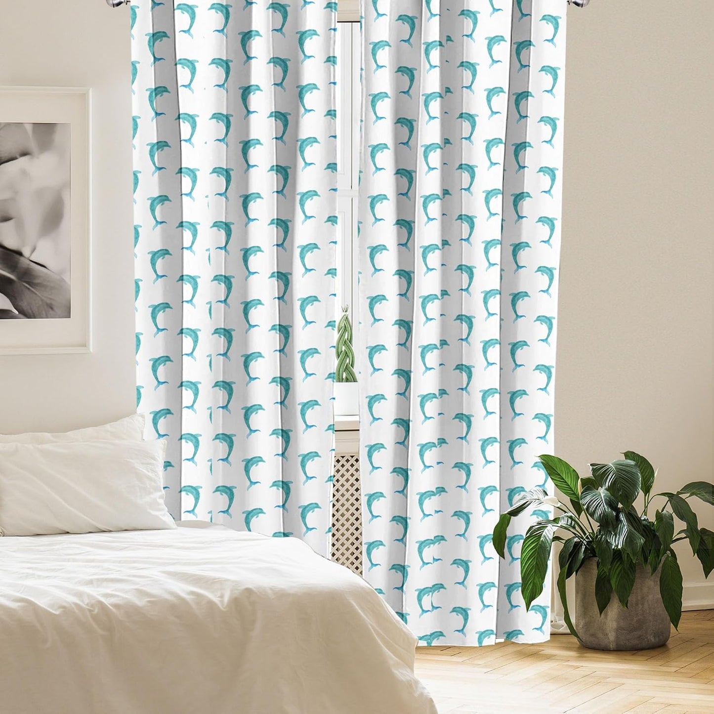 Ambesonne Sea Animals Window Curtains, Aqua Watercolor Art Dolphin Ocean Theme, Lightweight Decor 2-Panel Set - 28" x