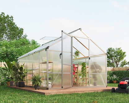 8x10 FT Greenhouse for Outdoors, Polycarbonate Greenhouse with Roof Vent, Ground Nails, Lockable Push Door, Aluminum Large Walk-in Green House for Outside Garden Backyard, Patio, Lawn, Silver
