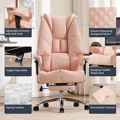 EXCEBET Big and Tall Office Chair 400lbs Wide Seat, Leather High Back Executive Office Chair with Foot Rest, Ergonomic Chairs Lumbar Support for Lower Back Pain Relief (Light Pink)
