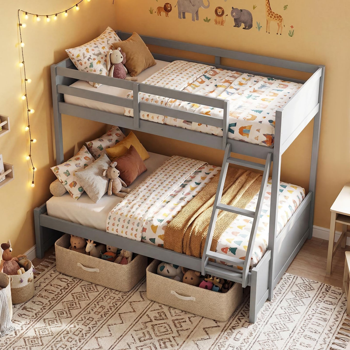 Giantex Twin Over Fulll Bunk Bed, Wood Bunk Bed with Full-Length Guardrails, Ladder, Under-Bed Storage Space for Dormitory, Bedroom, Apartment, Two Bed Frame with Slats for Teens, Kids, Adults, Grey