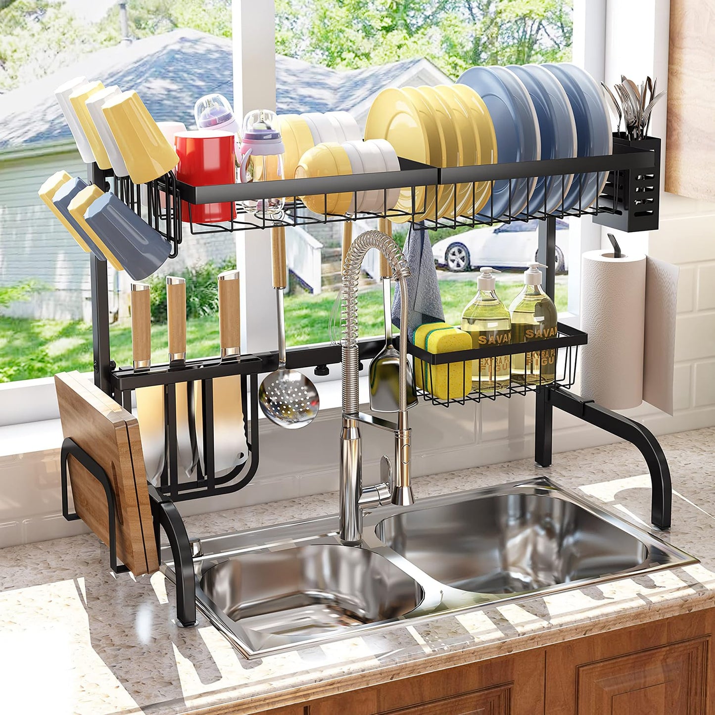 SAYZH Over The Sink Dish Drying Rack, Adjustable (25.5 to 33.5 inch) 2 Tier Metal Steel Dish Drying Racks for Kitchen Counter with Hooks Paper Towel Utensil Cup Holder Sink Caddy (Black)