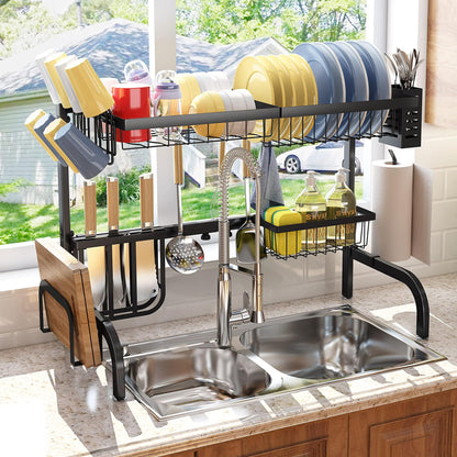 SAYZH Over The Sink Dish Drying Rack, Adjustable (25.5 to 33.5 inch) 2 Tier Metal Steel Dish Drying Racks for Kitchen Counter with Hooks Paper Towel Utensil Cup Holder Sink Caddy (Black)
