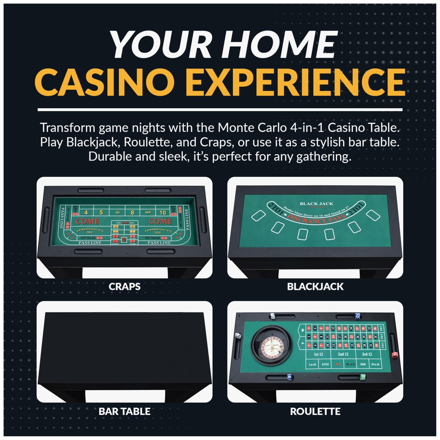 Hathaway Classic Monte Carlo 4 in 1 Casino Game Table - Includes Craps Table, Roulette Table Top, Blackjack Table Top Which Can Be Used as Poker Table Top, Bar Table Top, & Complete Game Accessories