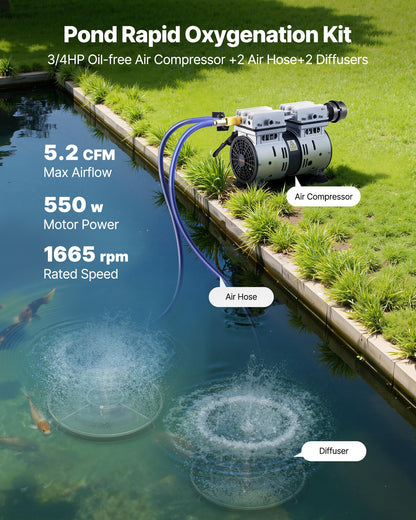 VEVOR Pond Aerators, 5.2CFM Aeration System for Lake up to 3 Acres, 3/4 HP Air Compressor, 2 Diffusesr & Two100' Weighted Tubings, Aeration Pump for Outdoor Ponds & Lakes Deep Water Oxygen Circulation