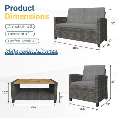 Wisteria Lane 4 Piece Patio Furniture Set, Wicker Outdoor Patio Conversation Furniture Set, All Weather Outdoor Patio Sofa with Cushion and Wood Table, Grey Wood