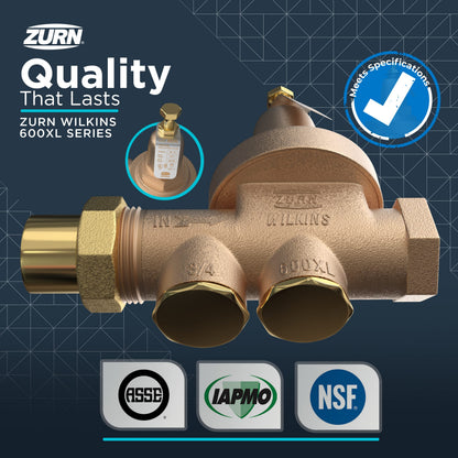 Zurn Wilkins 114-600XLHR 1-1/4" 600XL Pressure Reducing Valve with spring range from 10 PSI to 125 PSI, factory set at 50 PSI