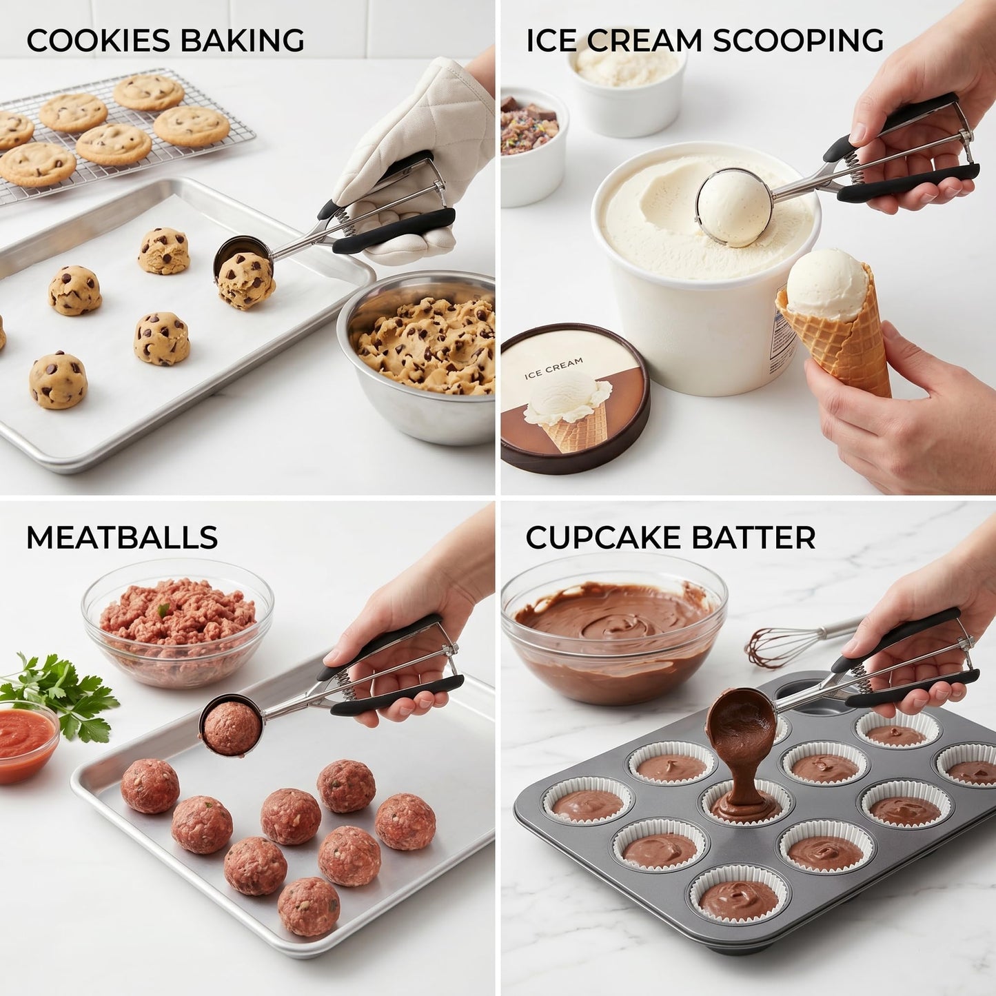 Cookie Scoop Set, 3Pcs Ice Cream Scoop, Cookie Scoops for Baking Set of 3, 18/8 Stainless Steel Cookie Scooper for Baking, Ice Cream Scooper with Trigger Release, Cookie Dough Scoop with Non-slip Grip