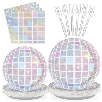 96Pcs Disco Party Supplies Pink Pastel Silver Disco Ball Plates and Napkins Sets Rainbow Iridescent Birthday Decorations for Dancing Queen 17th Wedding Sprinkle Bachelorette 70s Disco Party Serves 24