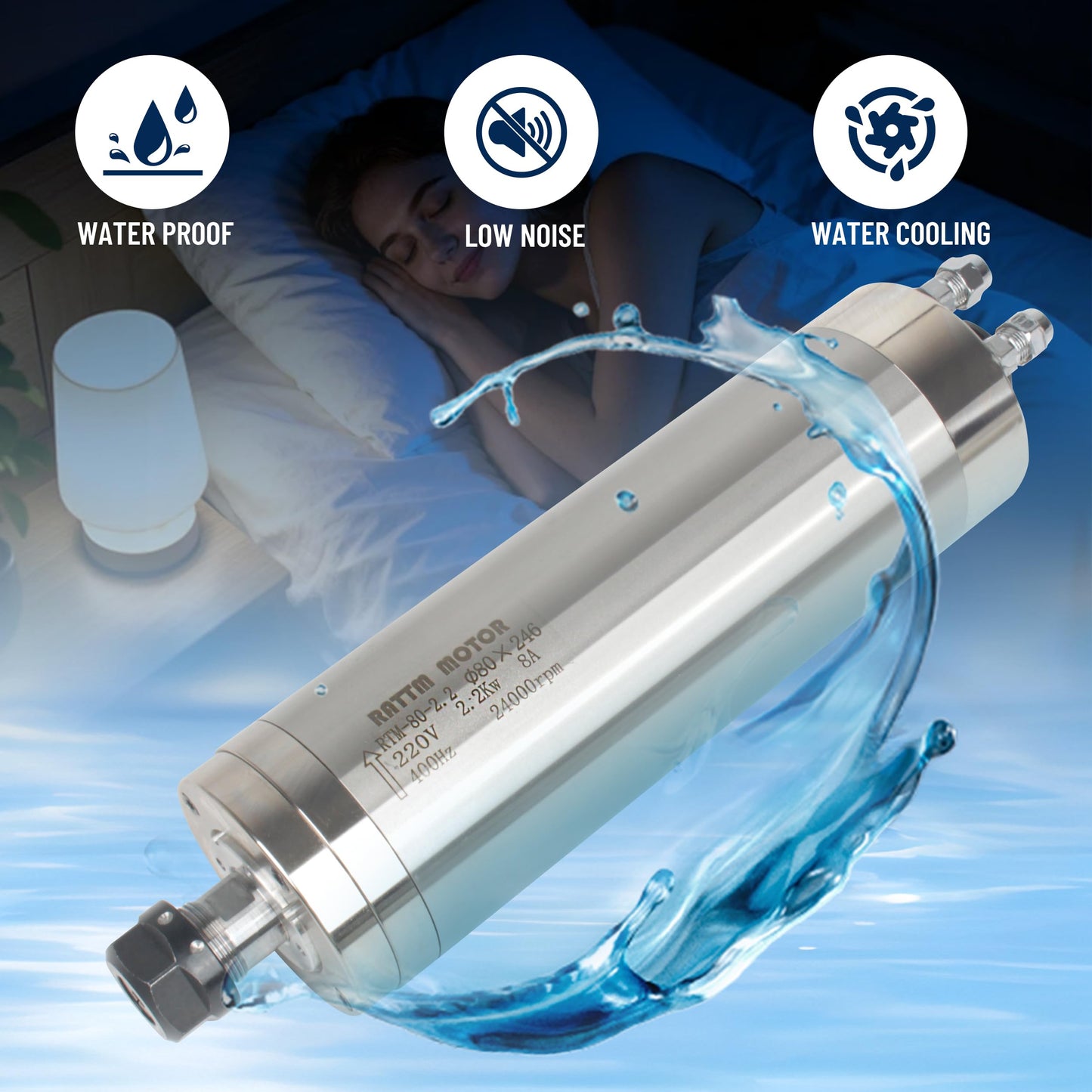 RATTMMOTOR 4-Bearings Waterproof 246mm Length Spindle Motor, 2.2KW Water Cooled Spindle Motor 220V ER20 CNC Router Carved Metal Spindle 24000RPM 80mm 8A 400Hz for CNC Milling Engraver Machine