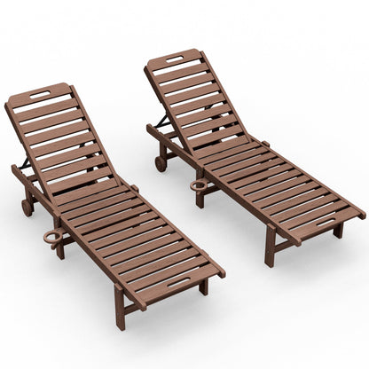 KINGYES Outdoor Armless Chaise Lounge Set of 2, HDPE Pool Lounge Chairs with Cup Holder & Wheels, Patio Lounger Chairs for Poolside, Brown