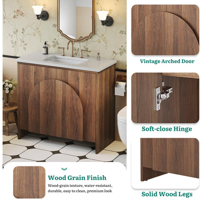 YITAHOME 36 Inch Arched Door Bathroom Vanity with Sink, White Artificial Stone Countertop, Undermount Ceramic Basin, Soft Close Hinge, Adjustable Shelf, Single Drain, Bathroom Vanities Cabinet