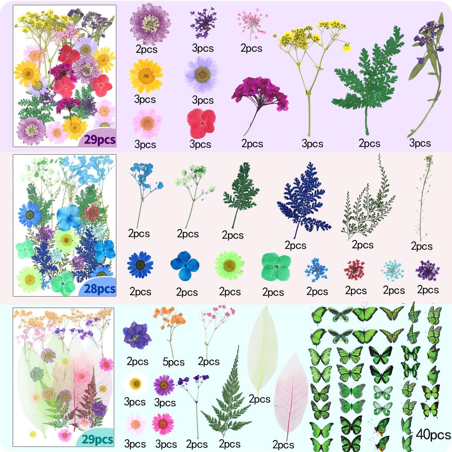 210 Pcs Dried Pressed Flowers for Resin, Dried Pressed Flowers for Crafts, Bulk Natural Dried Flowers Kit with DlY Butterfly Stickers&Tweezers for Resin Molds, Candles, Soap,Jewelry Making, Art Crafts