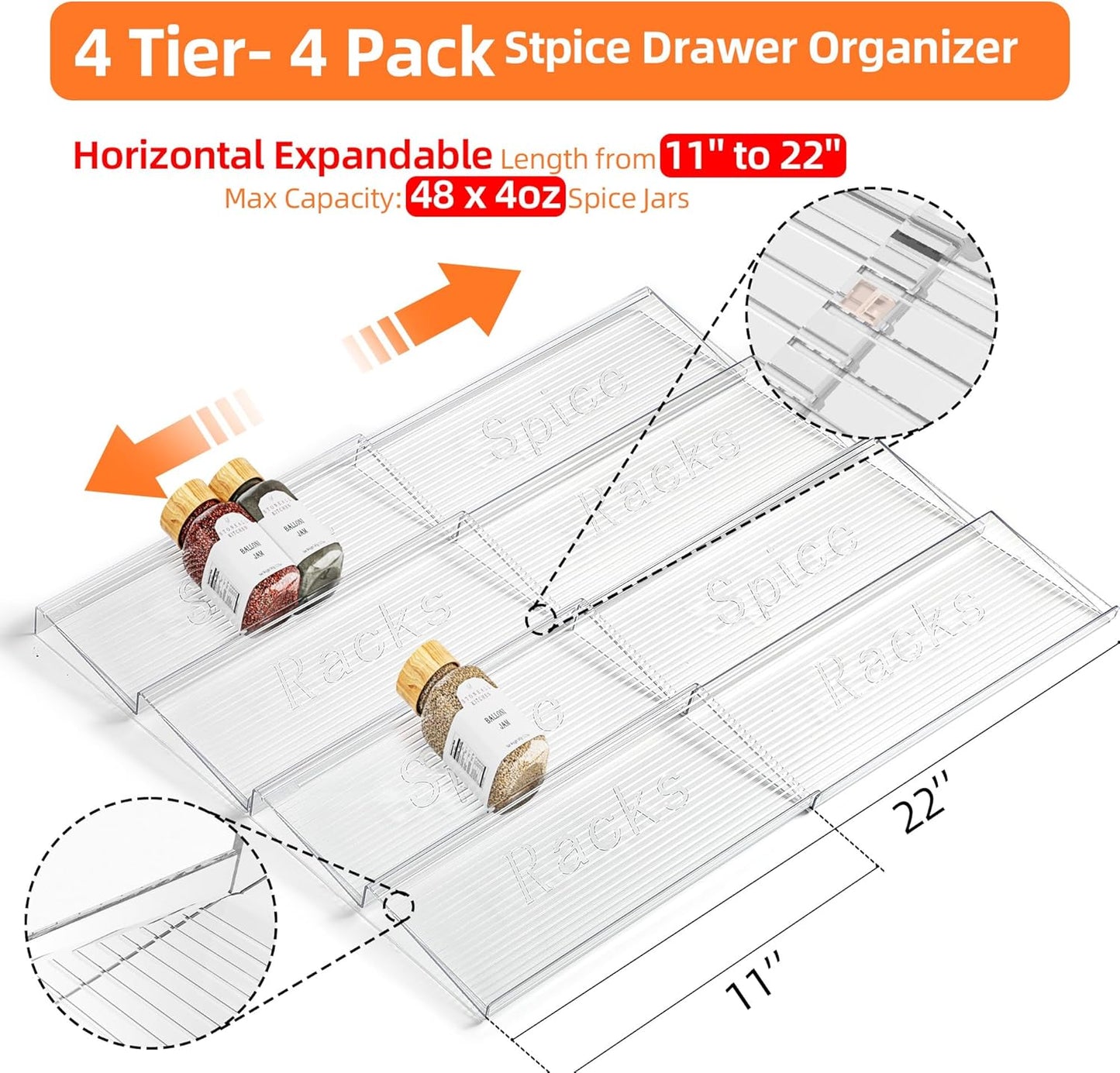 Spice Drawer Organizer, 4 Tier 4 Pack Clear Acrylic Seasoning Organizer, Expandable Kitchen Spice Rack (Jars not