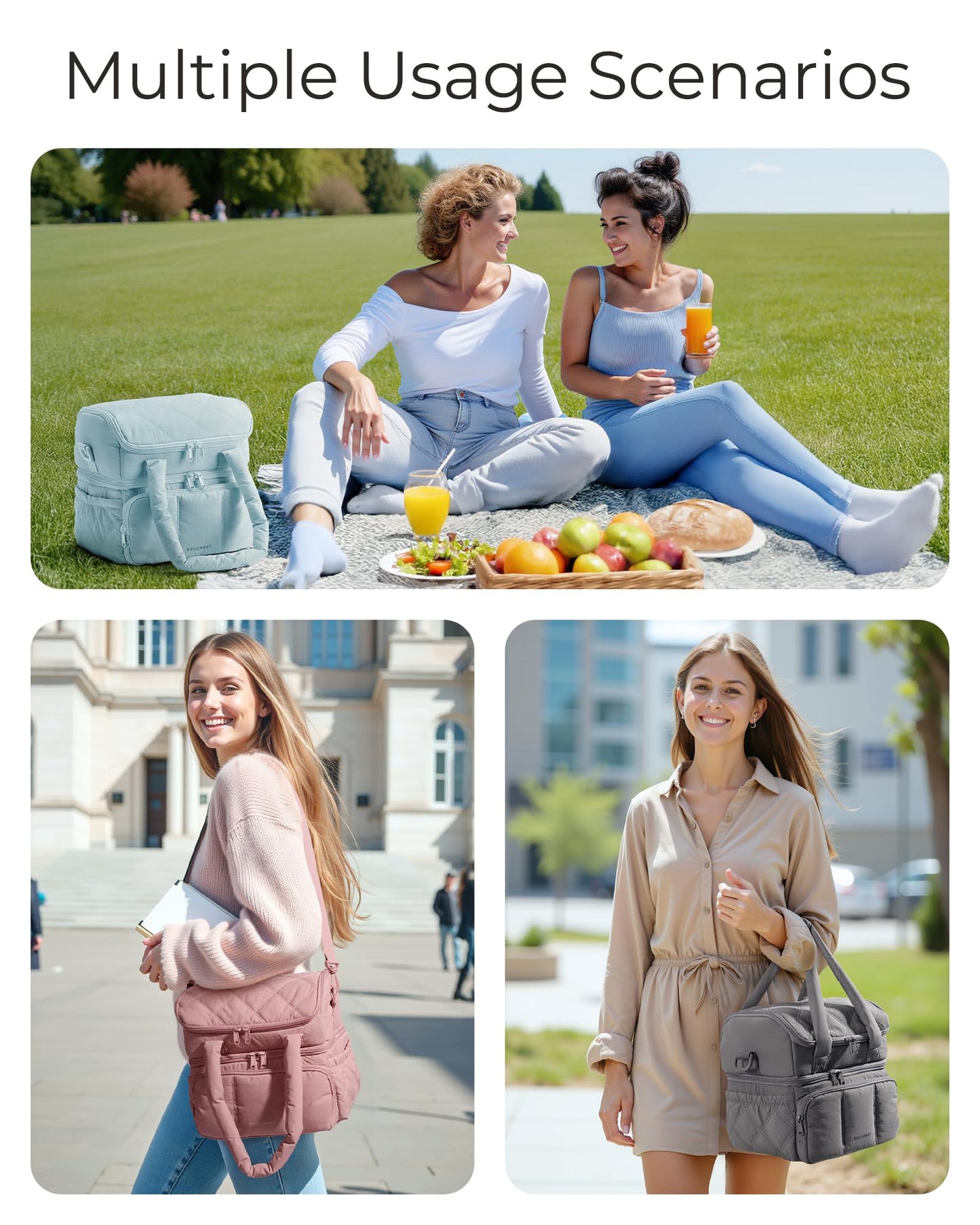 BAGSMART Lunch Bag Women, Double Deck Insulated Lunch Box, Quilted Puffer Lunch Tote, Leakproof, Durable & Reusable Large Lunch Cooler For Work Picnic Travel Meal Prep, Dark Pink
