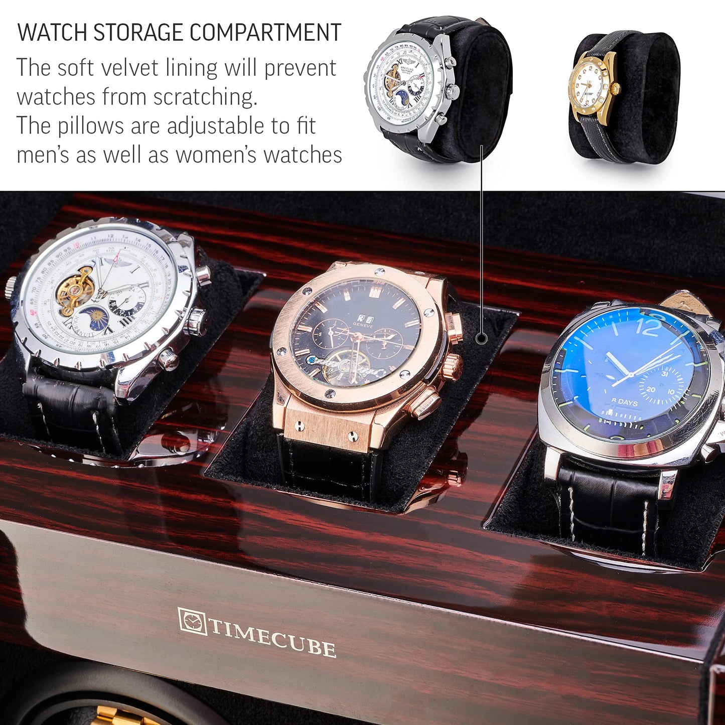 TIMECUBE Watch Winder for 4 Watches with 15 Winding Programs and 3 Watch Storage Slots (Ebony)