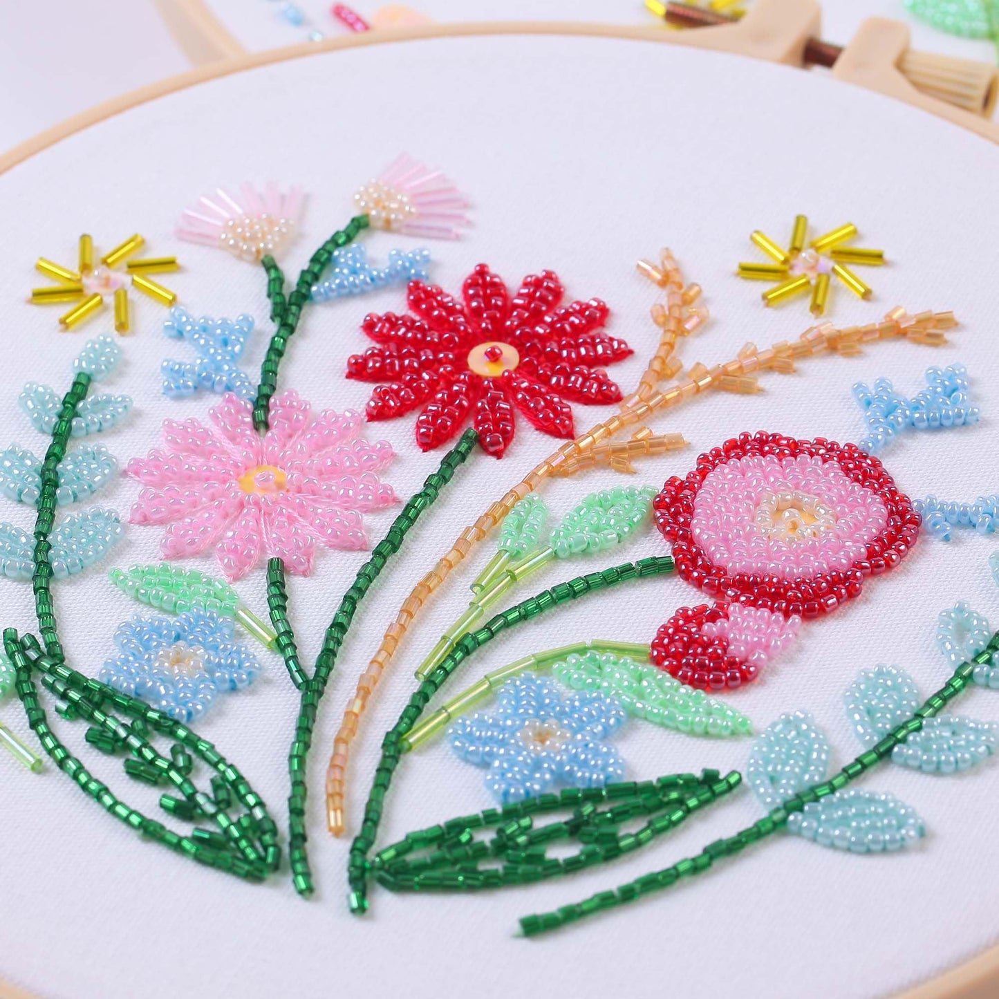 Harimau Bead Embroidery Starter Kit for Beginners (3 Sets) – Basic Flower Stitches, Includes Embroidery Hoop, Diagrams & Step-by-Step Video Tutorials – Gift for Craft Lovers