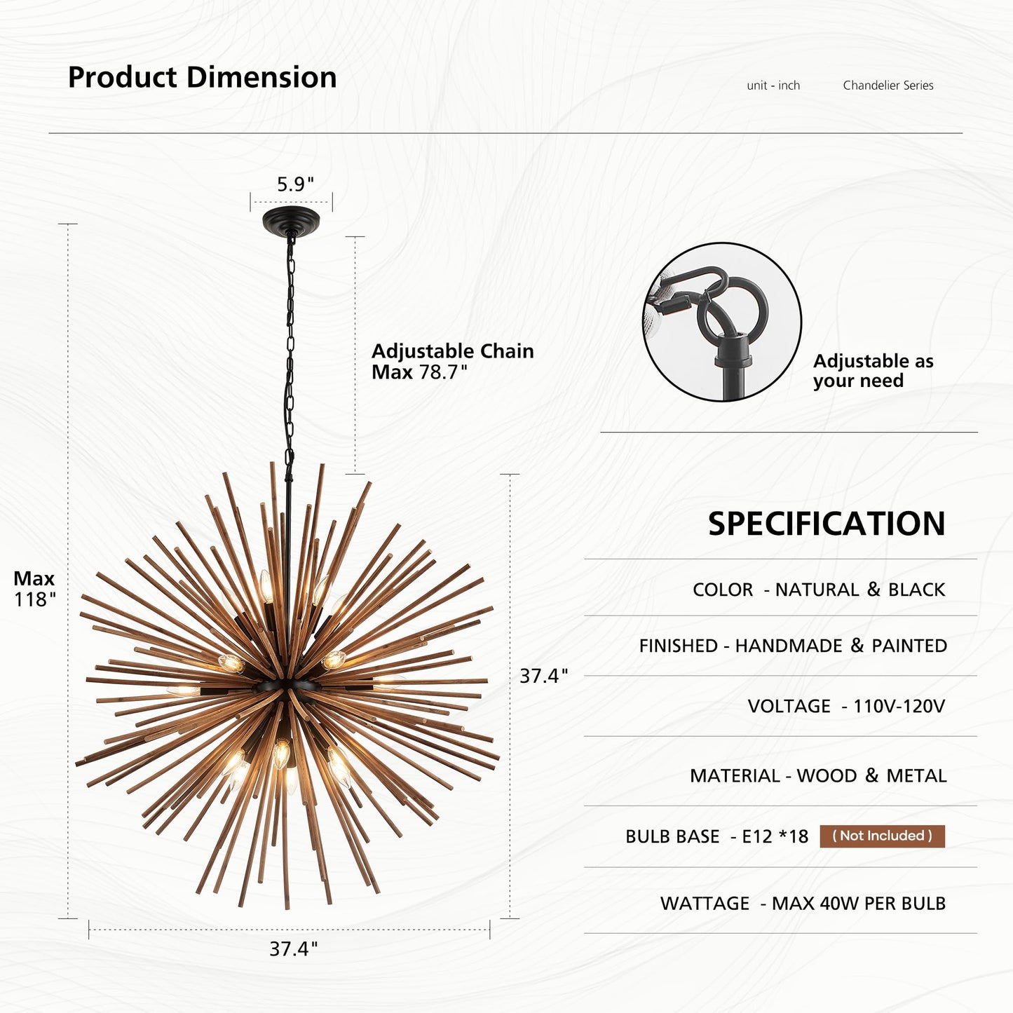 lighceac 37.4" Farmhouse Sputnik Chandelier for Dining Room Rustic Handmade Natural Wood 18-Light Hanging Ceiling Pendant Light Fixture Starburst Wood Chandeliers for Kitchen Bedroom Foyer Hallway