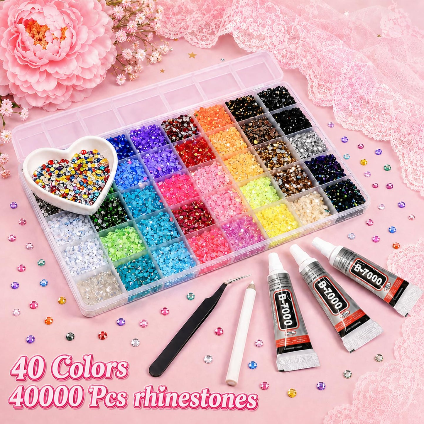 40000Pcs Bedazzling Kit, 40 Mix Colors Rhinestones Gems for Bedazzled Kits, All-in-One Bedazzler Kit Set for Crafting, Nail Art, Shoes, Books