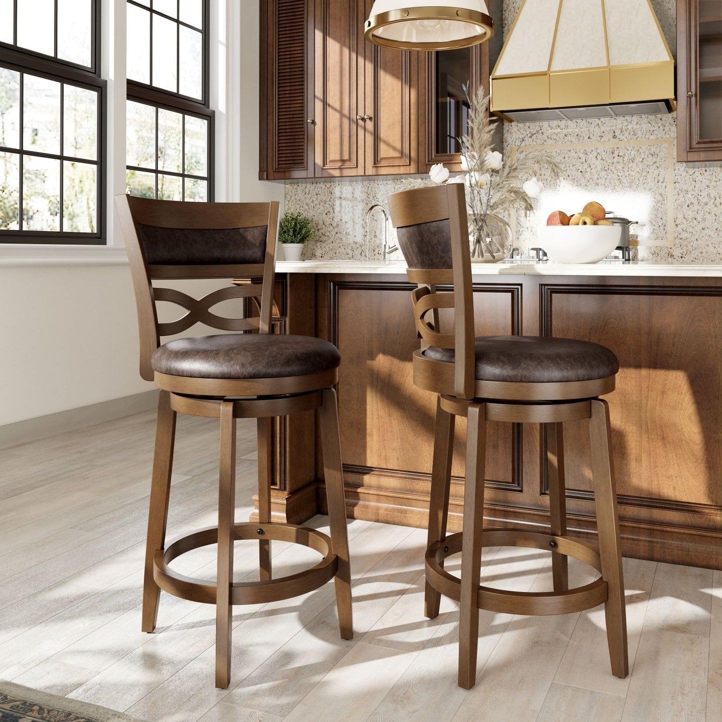 Sophia & William Swivel Bar Stools Set of 2, 26 Inch Counter Height Barstools with Backrest & Solid Wood Legs, Faux Leather Bar Stools for Kitchen Island