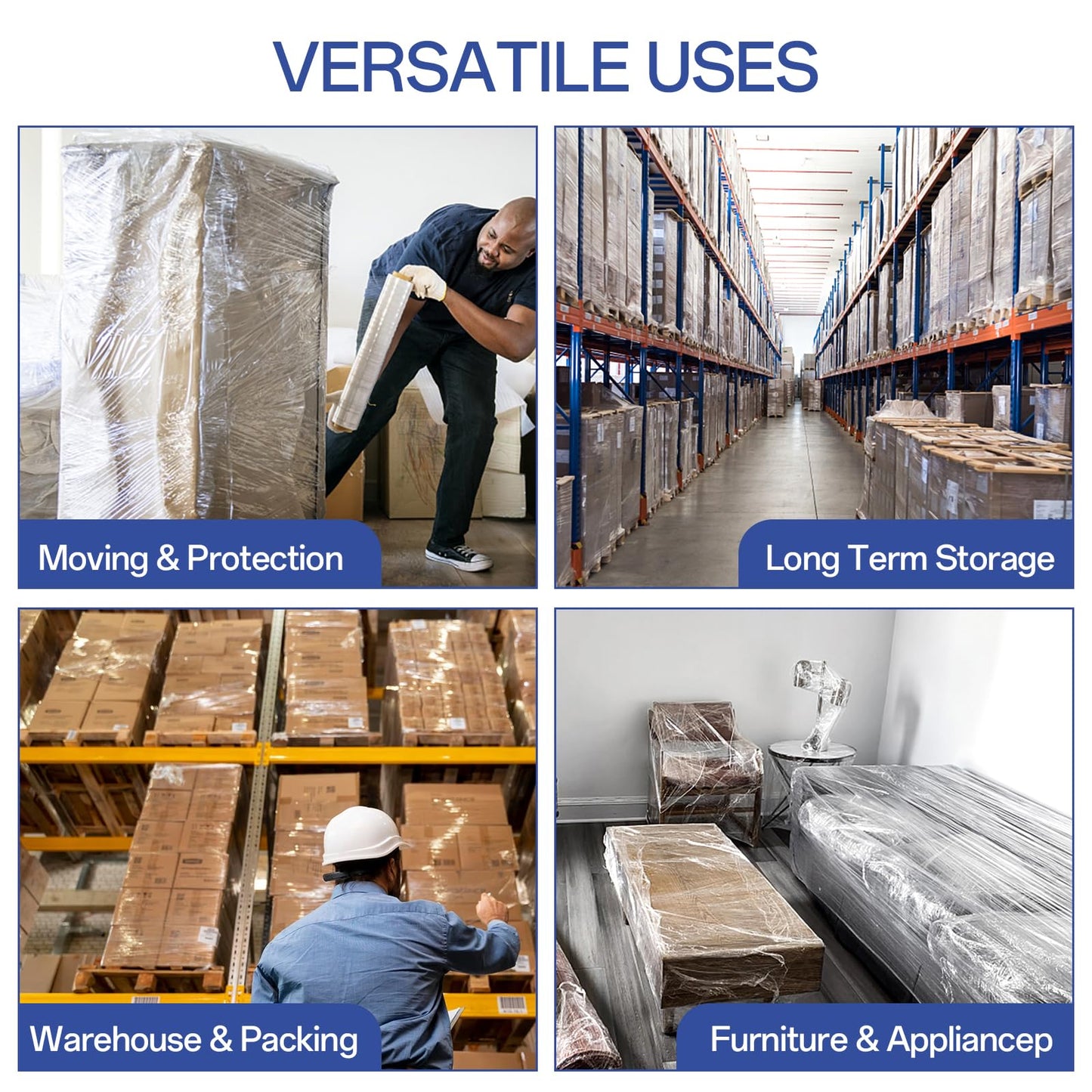 Stretch/Shrink Wrap Roll 18 Inch 1500ft,Heavy Duty 800% Stretch,Clear 80 Gauge Industrial Strength Stretch Film,Plastic Wrap for Pallet Wrap for Pallets,Packing, Shipping&Furniture Protection(4 Roll)