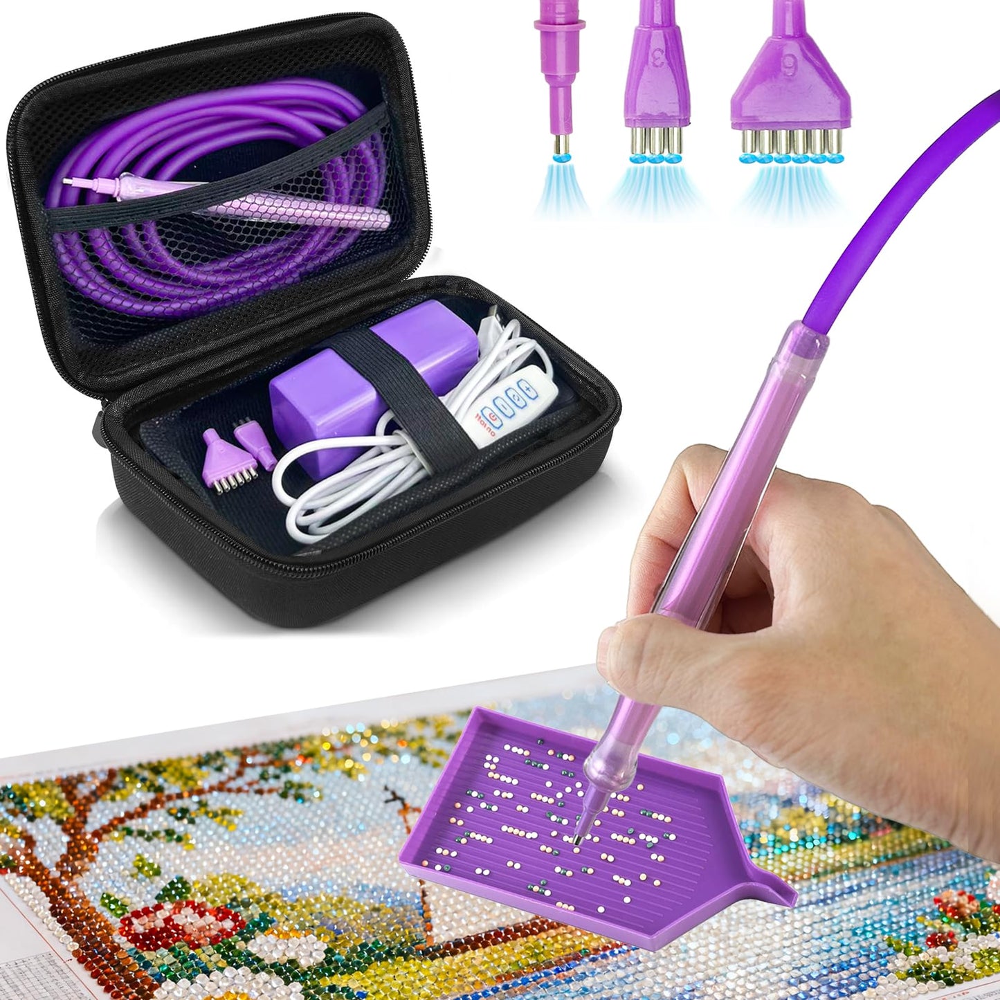 Electric Diamond Art Painting Pen with 3 Replacement Tips, Portable Storage Case & 2 Meters Tube, Ergonomic Diamond Art Pen with Adjustable Speed Setting, No Wax Needed for Faster Diamond Art