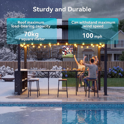 COSIEST 12x10 FT Hardtop Gazebo with Bar Counter, Heavy Duty Aluminum BBQ Grill Gazebo, Galvanized Steel Double Roof Permanent Outdoor Shelter, 15 PSF Snow Load, Black