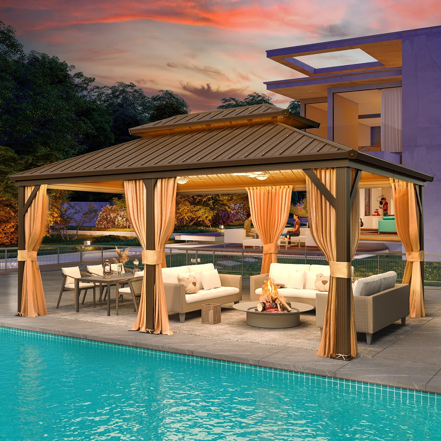 YOLENY 12' x 18' Gazebo Hardtop with Aluminum Frame,Galvanized Steel Double Roof Gazebos with Curtain and Netting,Outdoor Metal Pergolas for Garden, Lawn, Deck, Brown
