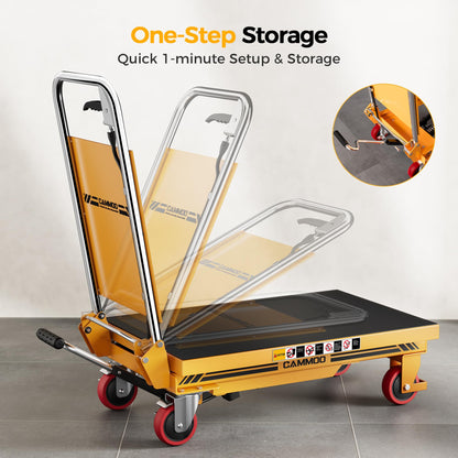 CAMMOO Foldable Hydraulic Lift Table Cart, 500lbs Capacity, 28.5" Lifting Height, Single Scissor Lift with Non-Slip Pad & Thickened Scissors Design for Material Handling and Transportation, Yellow