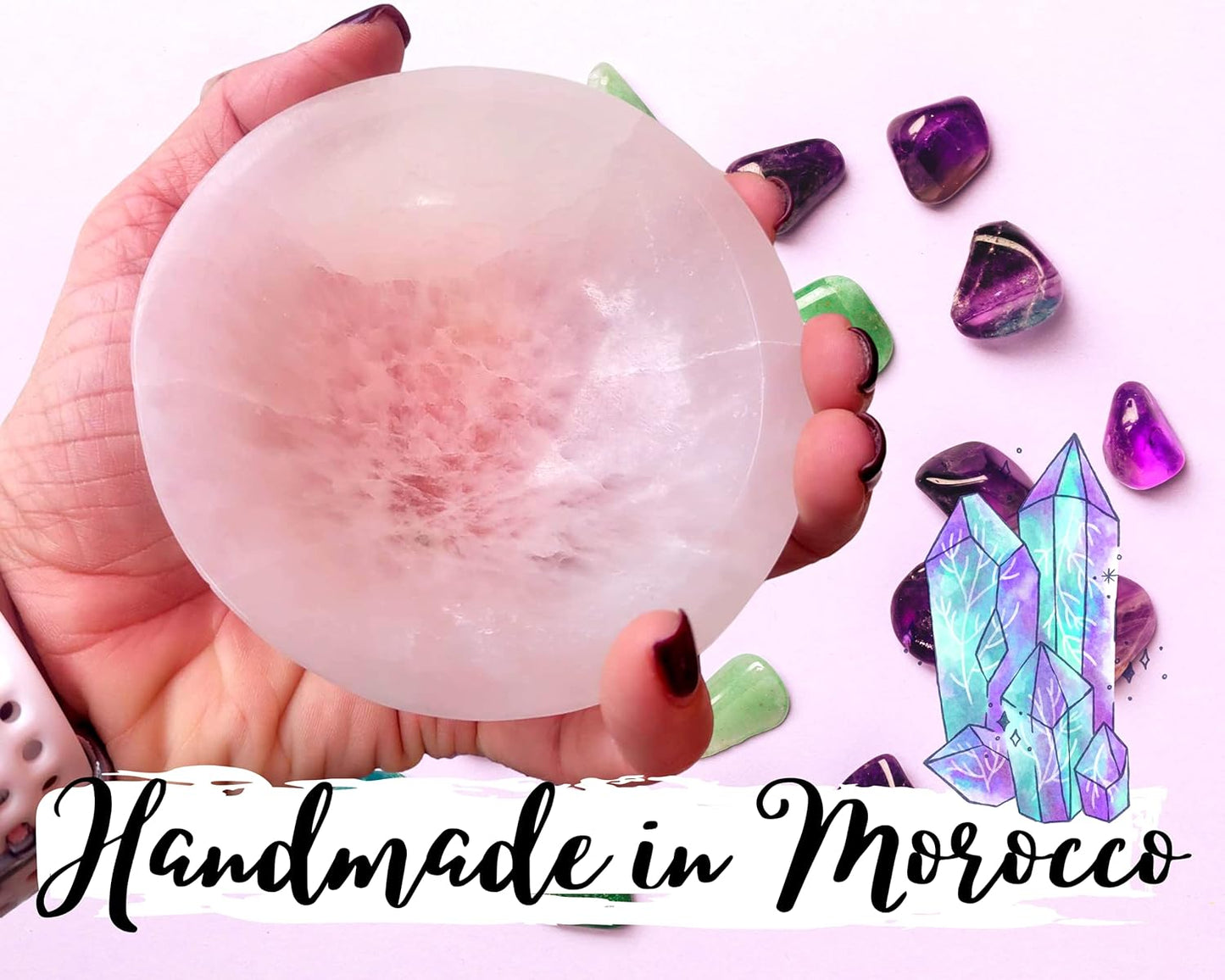 Worldly Finds Selenite Crystal Smudge Bowl, 4 Inch Hand-Carved Moroccan Crystal Holder for Charging and Cleansing