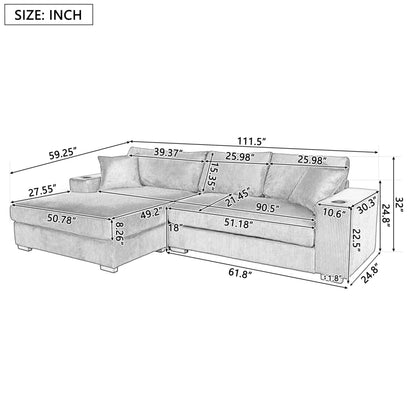 Merax Modern Oversized L-Shaped Sectional Sofa with USB Charging Port,Cup Holder, Comfy Corduroy 4-Seat Couch Set Sleeper Bed for Living Room,Green