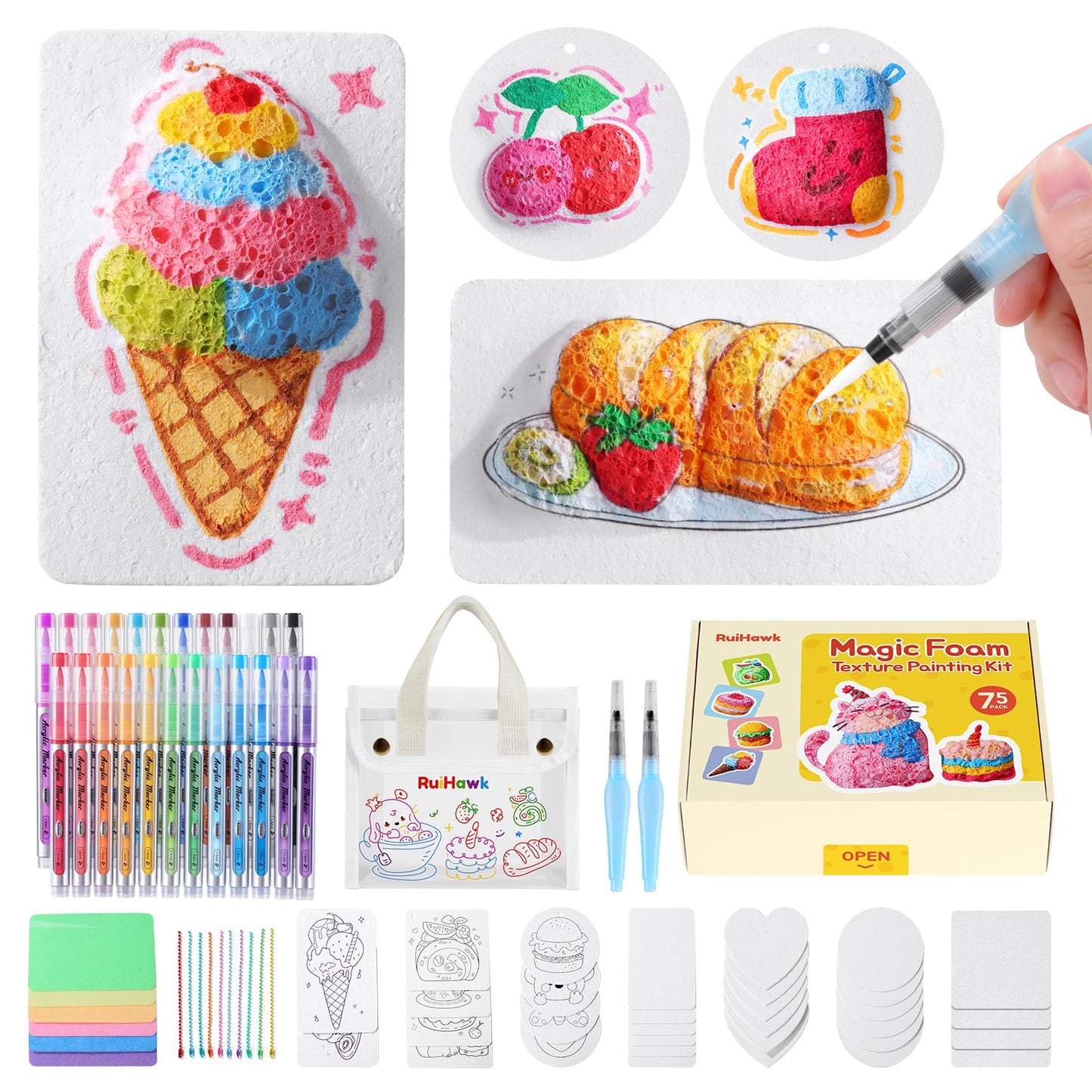 RuiHawk 3D Magic Foam Texture Painting Kit, 75 Pcs Puff Paint Art Supplies with 24 Auto-Flow Markers, 38 Texture Sheets & 10 Bead Necklace, Non-Toxic Creative Puffy Paint Gift for Boys Girls Ages 4-12
