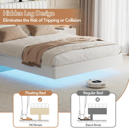 GarveeLife 50'' Tall Queen Floating Bed with LED Lights & Charging Station, PU Leather Bed Frame with Storage Headboard, Kick-Free, Noise-Free, Easy Assembly, No Box Spring Needed, White