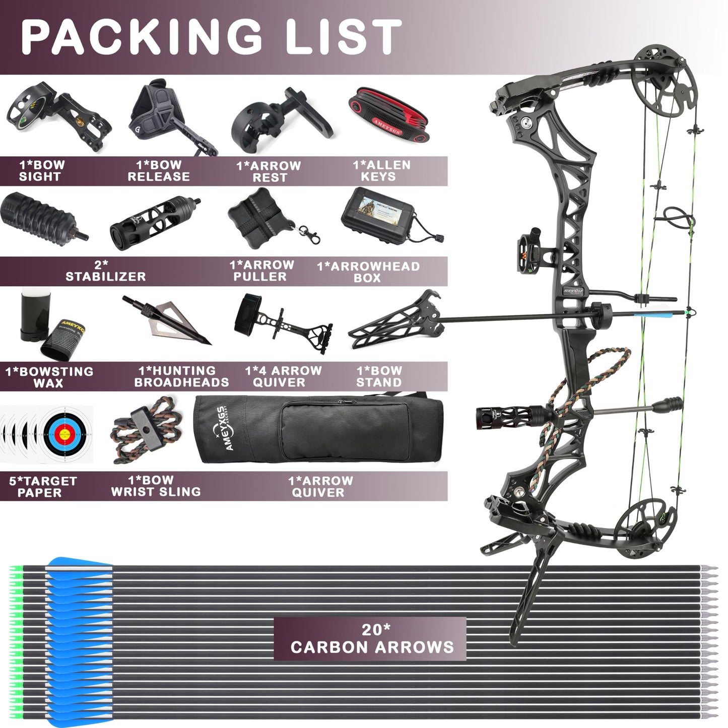 surwolf Compound Bow Kit, Hunting and Target, Limb Made in USA,Draw Weight 30-70 lbs Adjustable, Draw Length 19-30.5",up to IBO 320FPS Speed, Package with Archery Hunting Accessories (Grey)