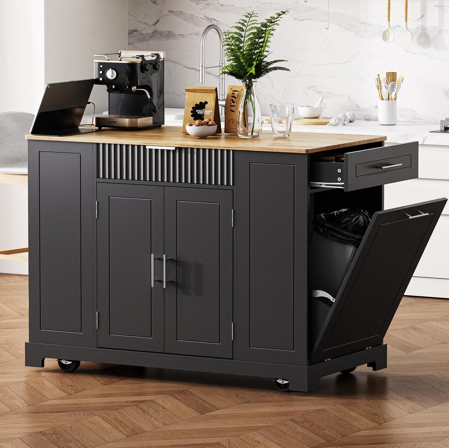 Ball & Cast Fluted Kitchen Island with Trash Can Storage Cabinet,Power Outlet,Internal Storage Rack,Rolling Kitchen Islands On 5 Wheels W/3 Drawers & 3 Open Side Racks for 10 Gallon Garbage Bin,Black