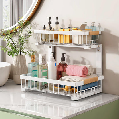 Kitstorack Under Sink Organizer, 2 Tier Under the Sink Storage, Slide out Pull out Cabinet Organizer Shelf, Metal Sliding Drawer for Kitchen Bathroom Pantry Closet Organization Rack, White, 2 Pack