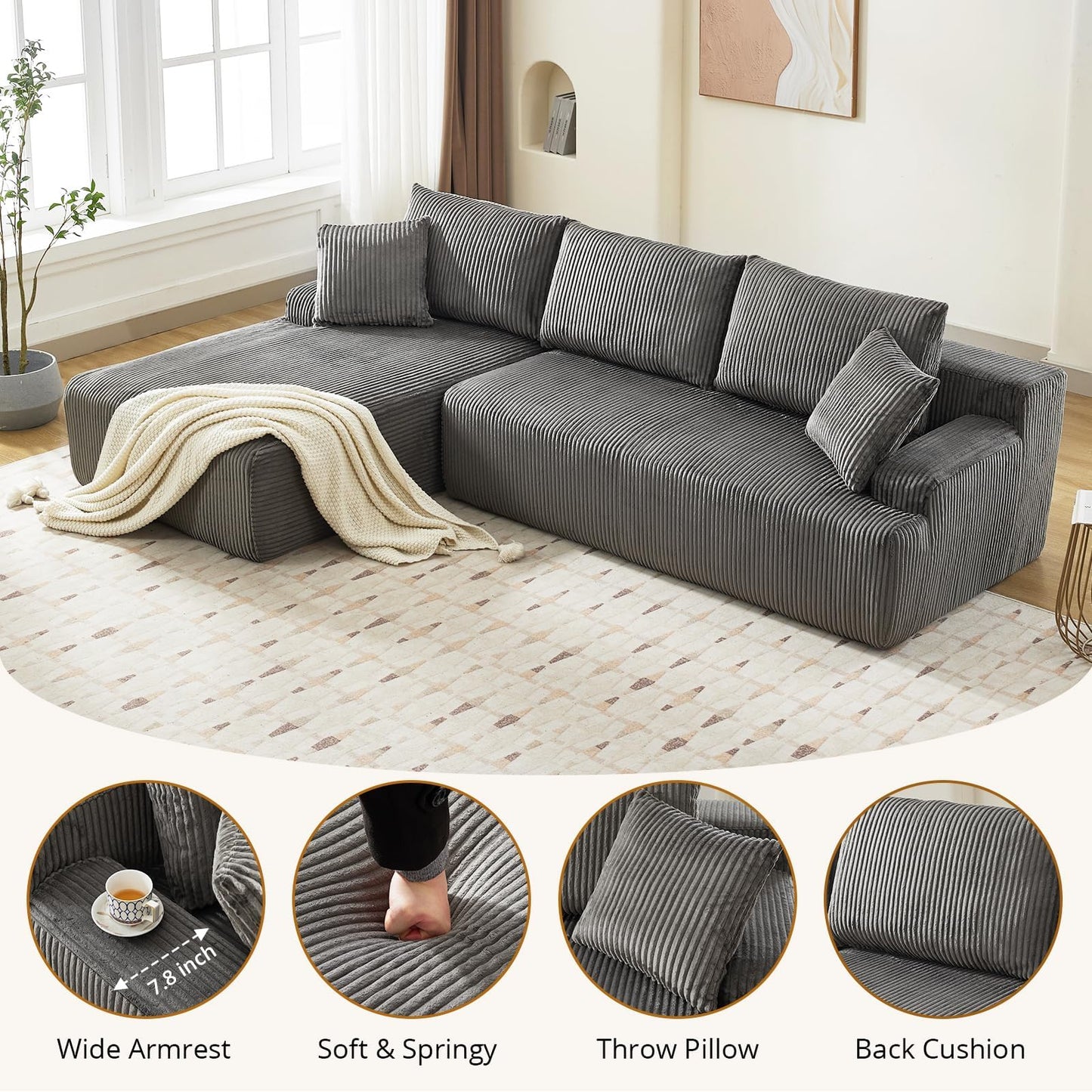 GAOMON 106" Modular Sectional Couch with L-Shape Left Chaise, Modern Boneless Couches for Living Room, Corduroy Fabric Loveseat Sofa Sleeper with Deep Seat, No Assembly Required, Dark Grey