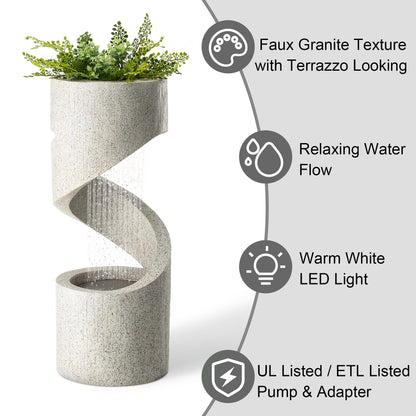 Glitzhome Outdoor Water Fountain with LED Light, Decorative Tiered Curved Waterfall Fountain with Stone Planter, Faux Terrazzo Spiral Shaped Outdoor Fountains for Garden Deck Patio Porch, 31.25”H