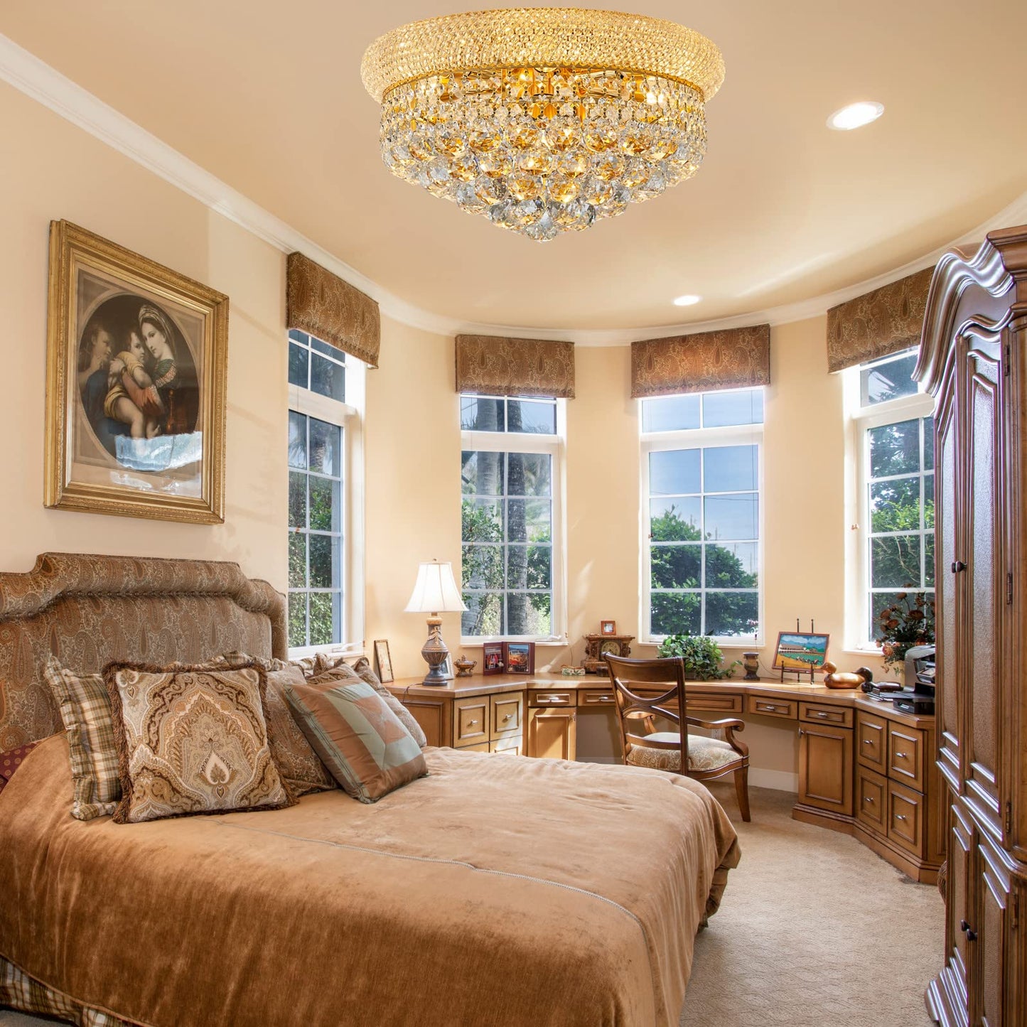 Homeooze 7 - Light Flush Mount Crystal Chandelier for Living Room Dining Room Entryway Hallway Bedroom Foyer Gold Finish