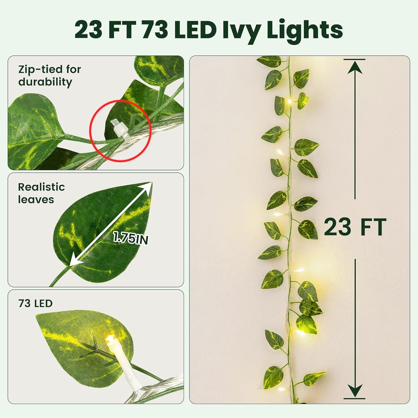 23 73 HEYFUNi Vines with Lights, Ft Led Faux Pothos String Lights Plug in, Leaf Lights for Bedroom, Wall, Balcony