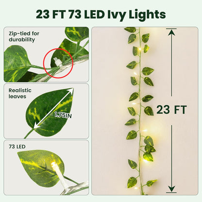 23 73 HEYFUNi Vines with Lights, Ft Led Faux Pothos String Lights Plug in, Leaf Lights for Bedroom, Wall, Balcony