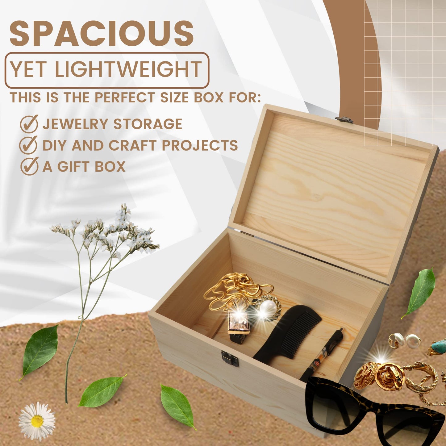 VIKOS Products 10.71x8x5.66-Inch Unfinished Wooden Box with Hinged Lid & Front Clasp for DIY Art Project Crafts Woodcraft Keepsake - Easy to Stain Paint Wood Burning
